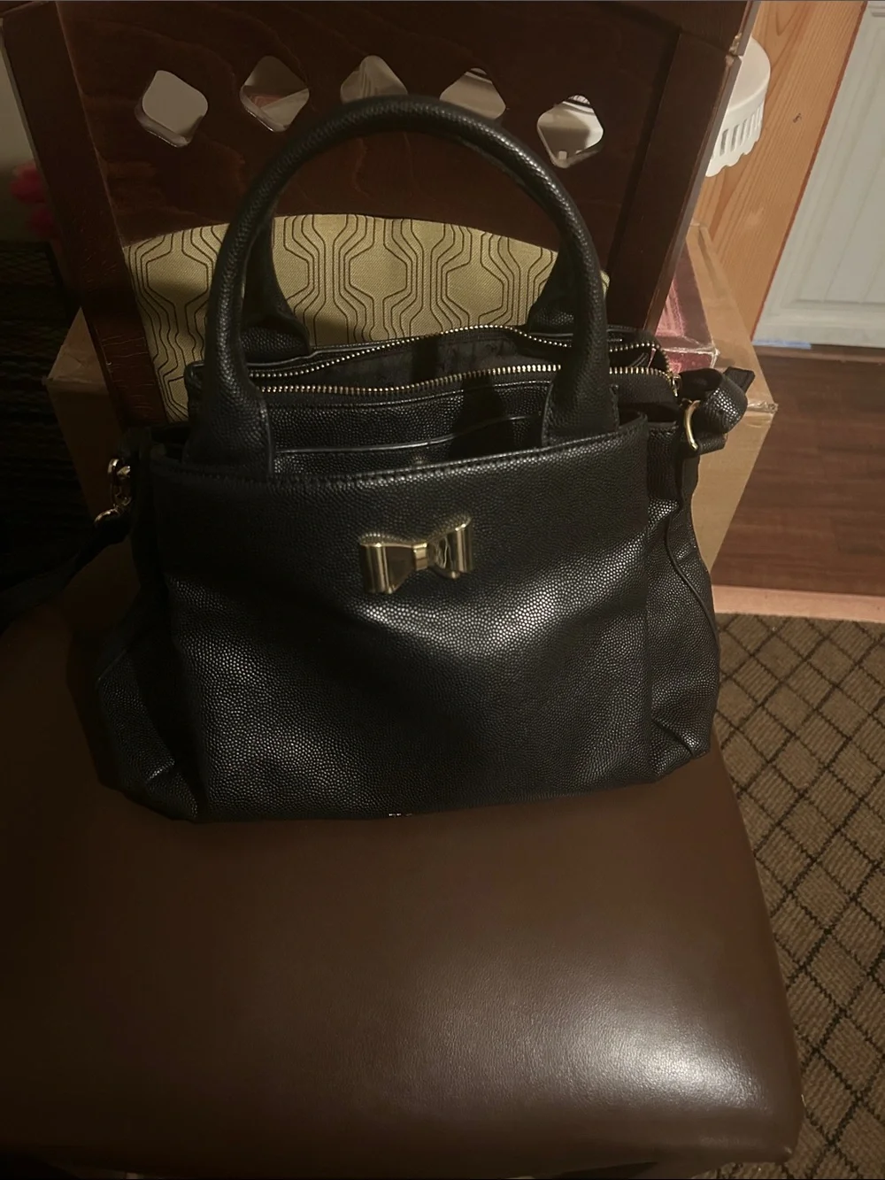 Tahari Black Pebbled Satchel with Gold Bow Hardware